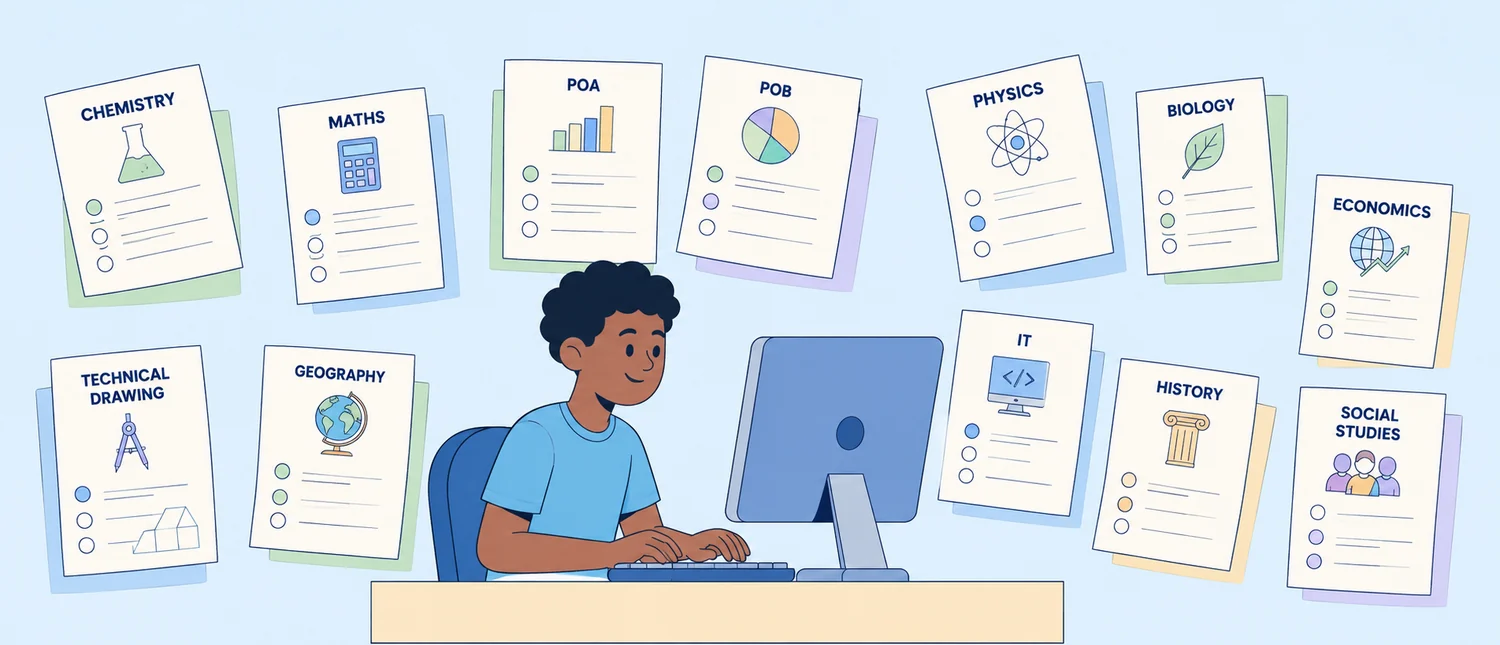 A student at a computer surrounded by subject cards — Maths, Physics, Chemistry, Biology, IT, History and more