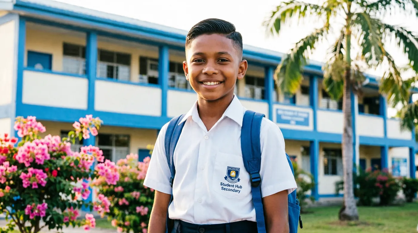 A smiling student in secondary school uniform on the first day