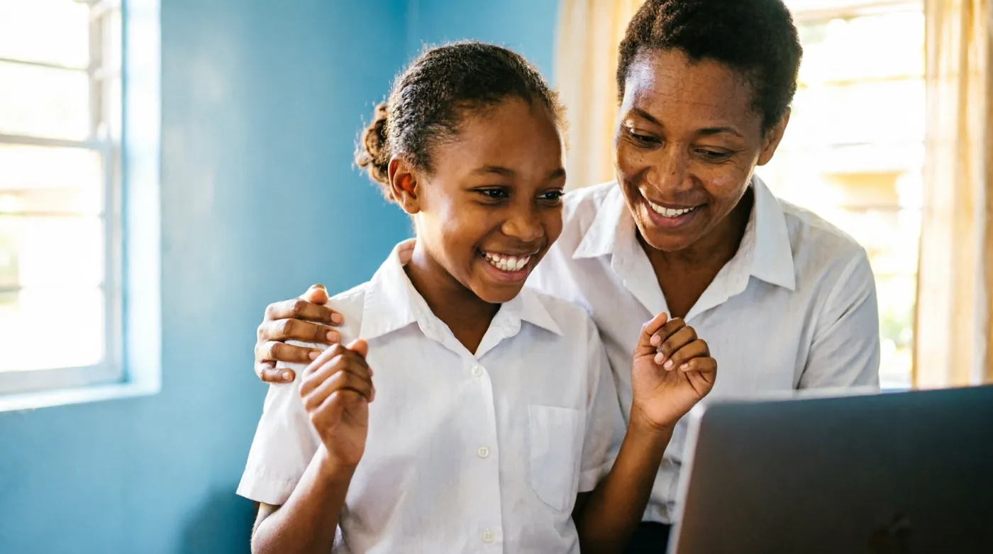 A mother and daughter smiling as they check exam results on a laptop