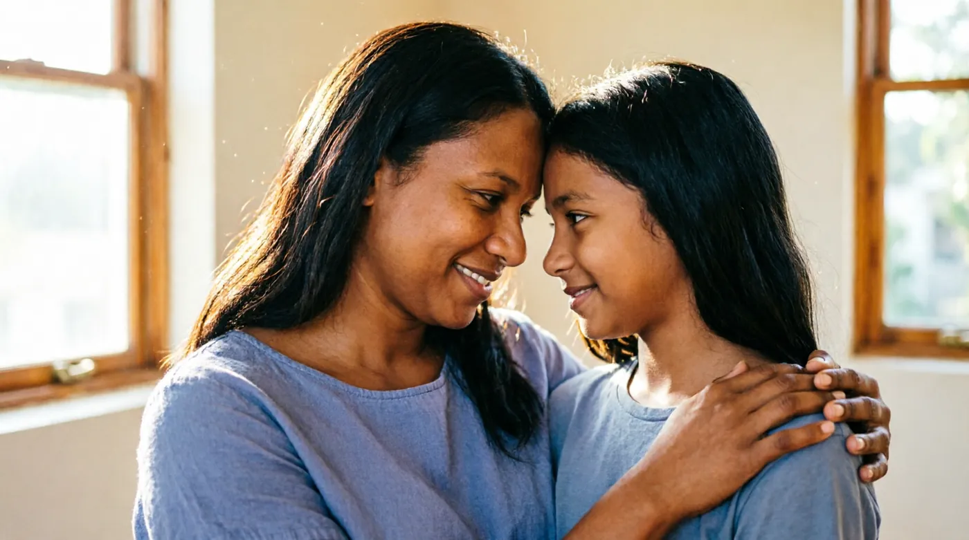 A mother and daughter sharing a warm, reassuring moment